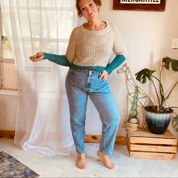 John + Jenn Sweaters - John + Jenn Color Block Lightweight Teal Retro Style Boxy Sweater size Small